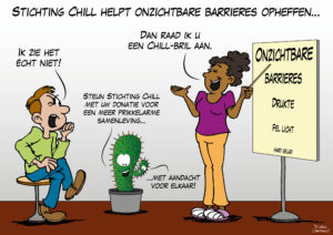 Cartoon uit de campagne voor het bekender maken van de onzichtbare barrières in onze samenleving